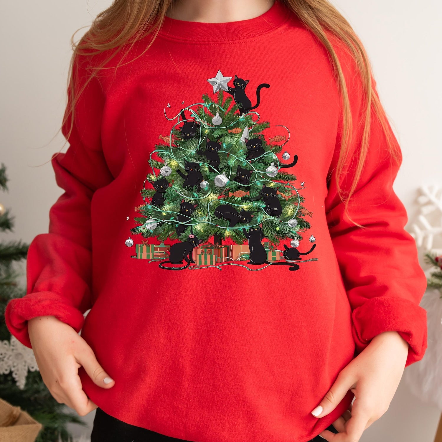 Christmas - Black Cats Christmas Tree Shirt, Cat Lover Holiday Sweatshirt, Cute Cat Christmas Shirt, Cats Xmas Lights T-Shirt, Cats Xmas Tree Tee