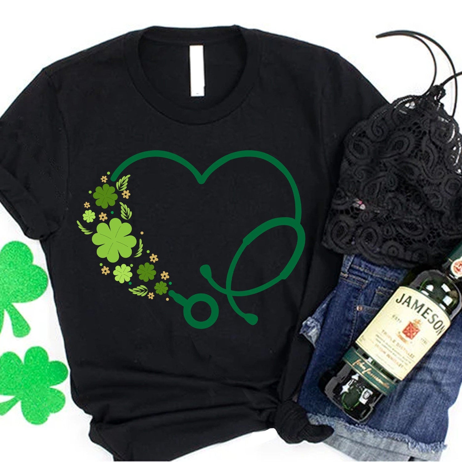 St Patricks Day - St Patrick's Day Heart Stethoscope Shirt, St Paddys Nurse Shirt, Shamrock Stethoscope Doctor Tee, Nurse Lucky Shirt, Cute Irish Nurse Gift