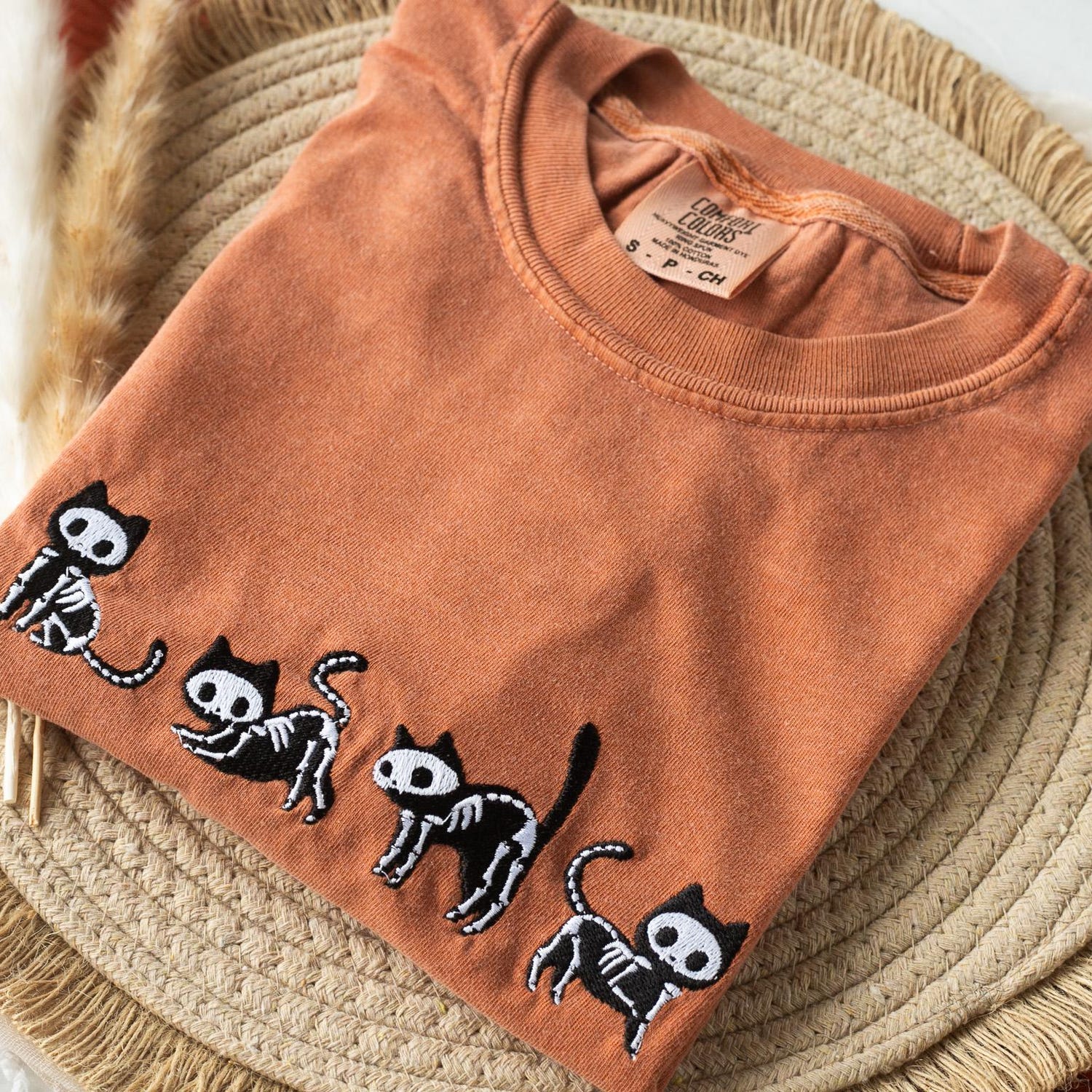 Halloween - Embroidered Skeleton Cats T-shirt, Yam Colored T-shirt, Fall T-shirt, Cute Fall shirts for Women, Cowboy Ghost Fall Halloween Tee, C4