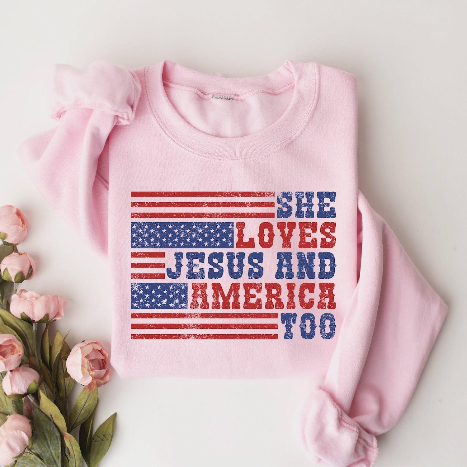 4th of July - Retro USA Sweatshirt, She Loves Jesus And America Too, Womens USA Crewneck Sweatshirt, USA Shirt, America Sweatshirt, 4th of July Sweatshirt