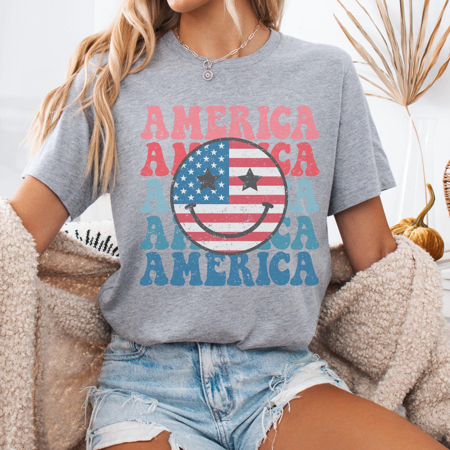 4th of July - Smiley Face Shirt, 4th Of July Shirt, Retro Smile Face Trendy Vintage Graphic Tee Cute Summer Fourth T-shirt Plus Size USA Happy Face Tshirt