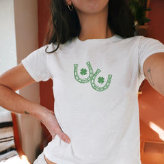 St Patricks Day - St Patty's Day Baby Tee Cowgirl Lucky Horseshoe Trendy Retro Baby Tee St Paddys Day y2k Baby Tee 90s Style Tshirt St. Patrick's Day Clover