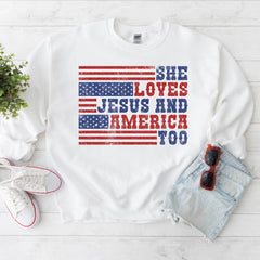 4th of July - Retro USA Sweatshirt, She Loves Jesus And America Too, Womens USA Crewneck Sweatshirt, USA Shirt, America Sweatshirt, 4th of July Sweatshirt