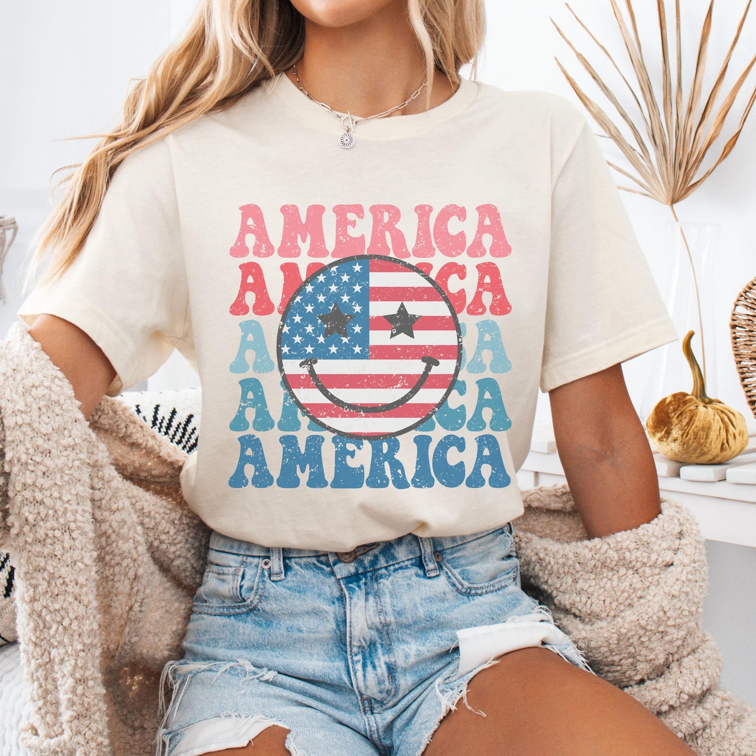 4th of July - Smiley Face Shirt, 4th Of July Shirt, Retro Smile Face Trendy Vintage Graphic Tee Cute Summer Fourth T-shirt Plus Size USA Happy Face Tshirt