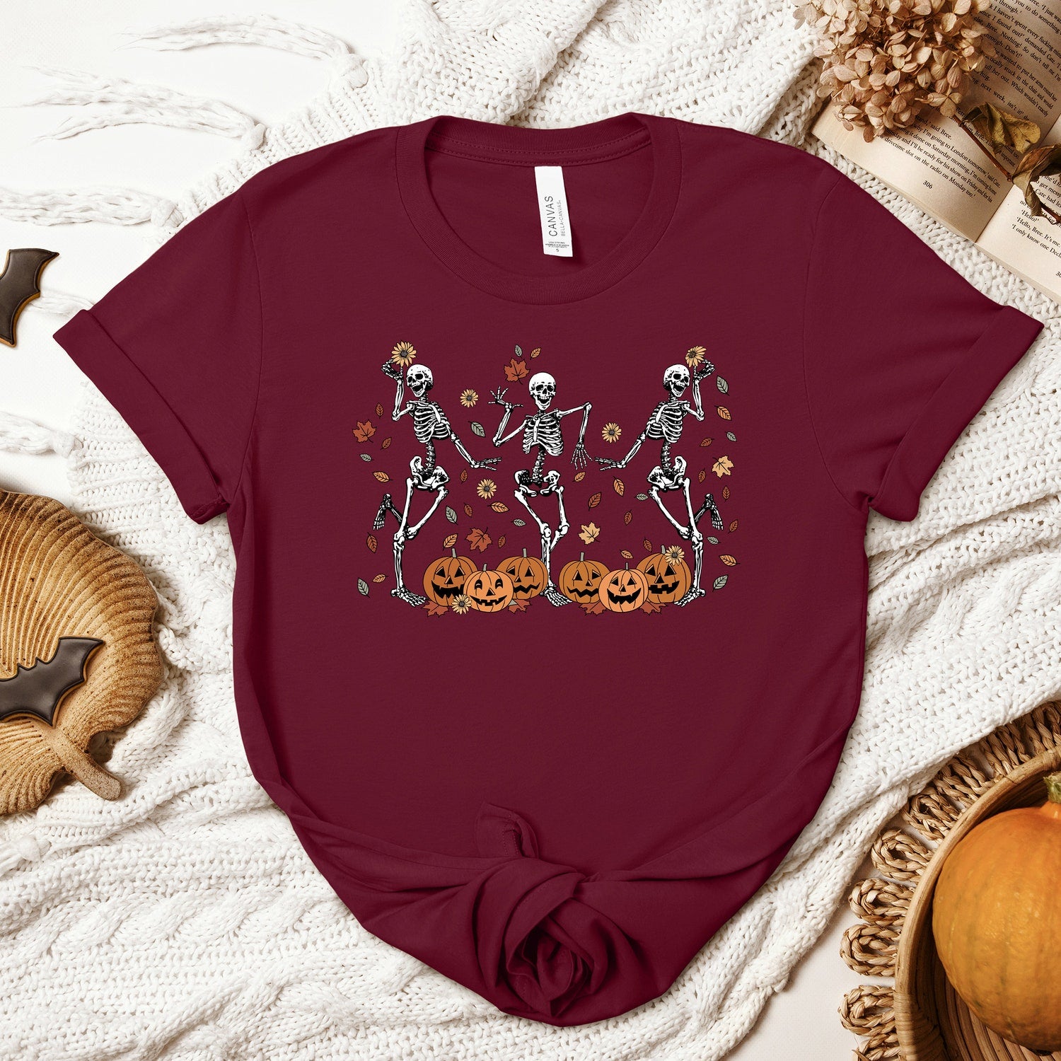 Halloween - Dancing Skeleton Pumpkin Shirt, Retro Halloween Women's Shirt, Funny Fall Halloween Party Shirt, Spooky Season Skeleton Tee,Pumpkin Skeleton