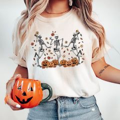 Halloween - Dancing Skeleton Pumpkin Shirt, Retro Halloween Women's Shirt, Funny Fall Halloween Party Shirt, Spooky Season Skeleton Tee,Pumpkin Skeleton