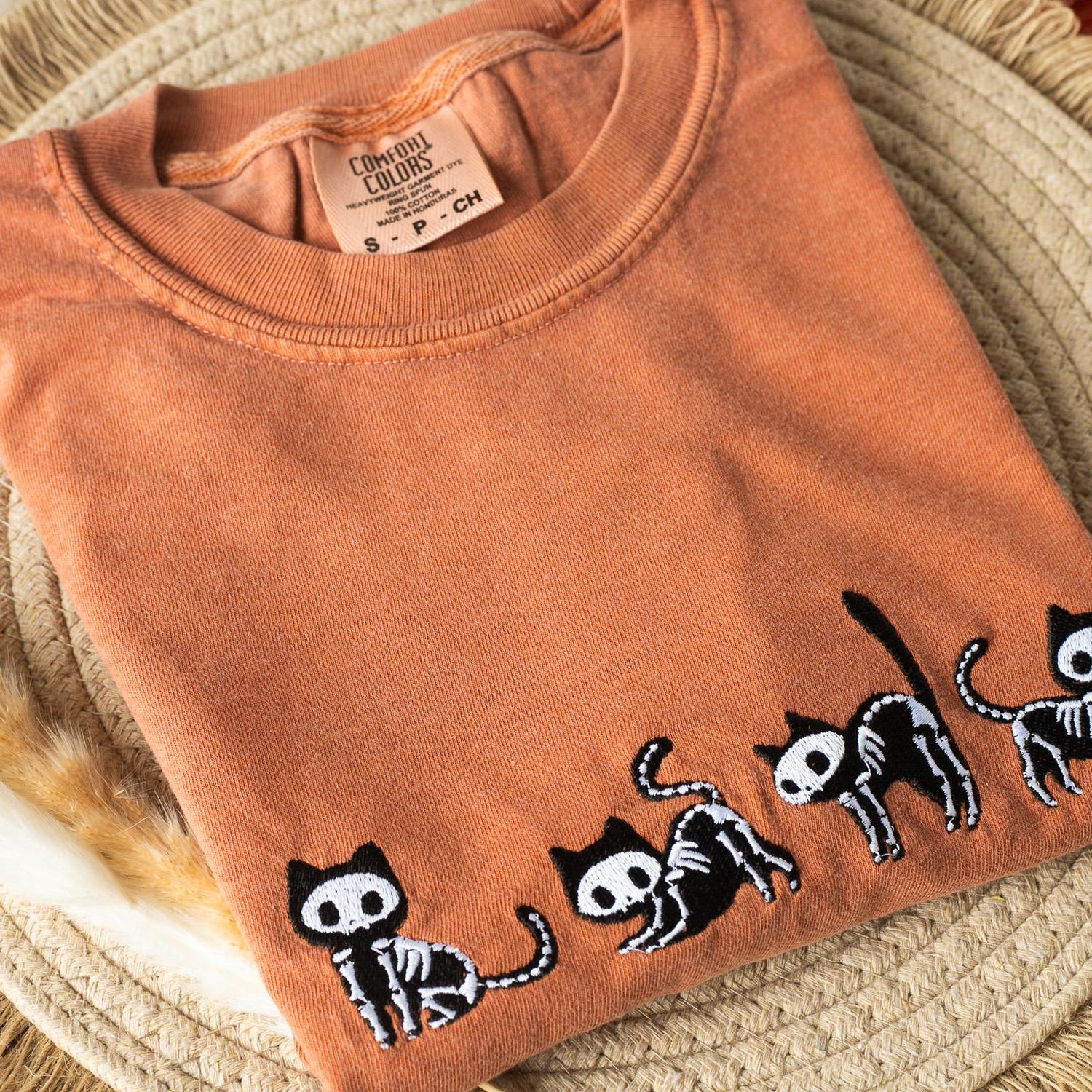 Halloween - Embroidered Skeleton Cats T-shirt, Yam Colored T-shirt, Fall T-shirt, Cute Fall shirts for Women, Cowboy Ghost Fall Halloween Tee, C4