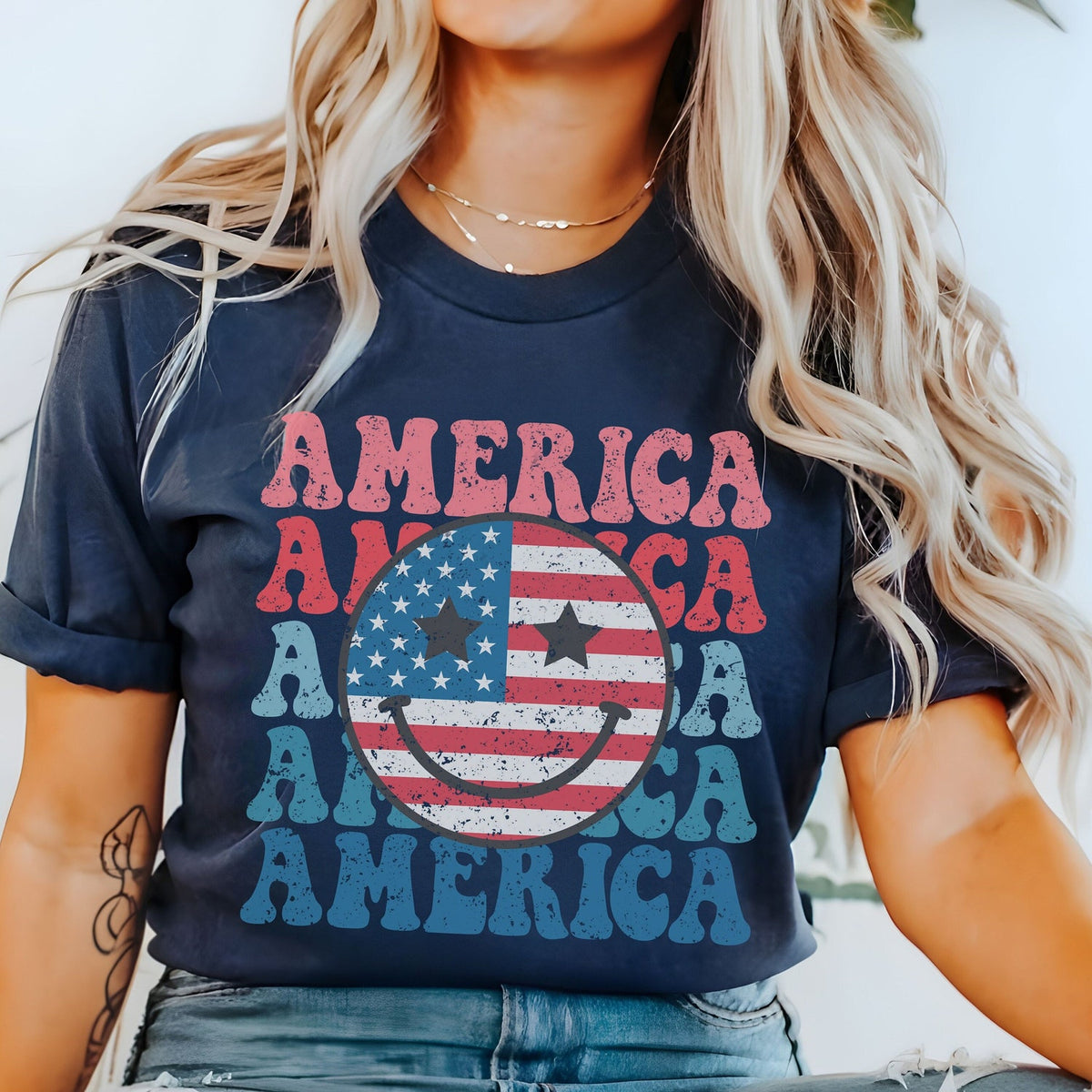 4th of July - Smiley Face Shirt, 4th Of July Shirt, Retro Smile Face Trendy Vintage Graphic Tee Cute Summer Fourth T-shirt Plus Size USA Happy Face Tshirt