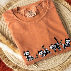 Halloween - Embroidered Skeleton Cats T-shirt, Yam Colored T-shirt, Fall T-shirt, Cute Fall shirts for Women, Cowboy Ghost Fall Halloween Tee, C4