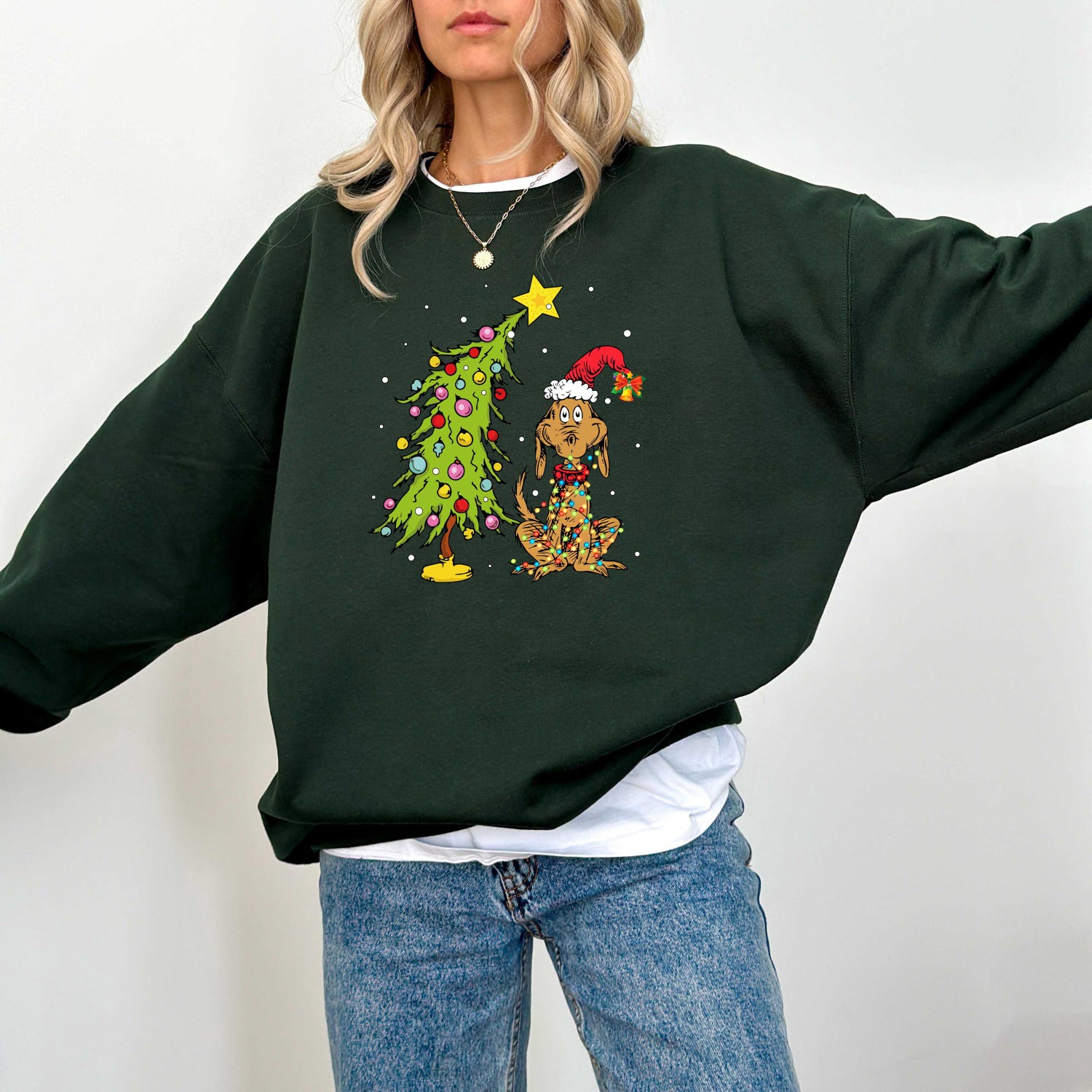 Christmas - Whimsical Christmas Tree Sweatshirt, With Dog Max Whoville Tree Shirt, Whimsical Green Star Tree Shirt, Holiday Women Shirt, Christmas Party