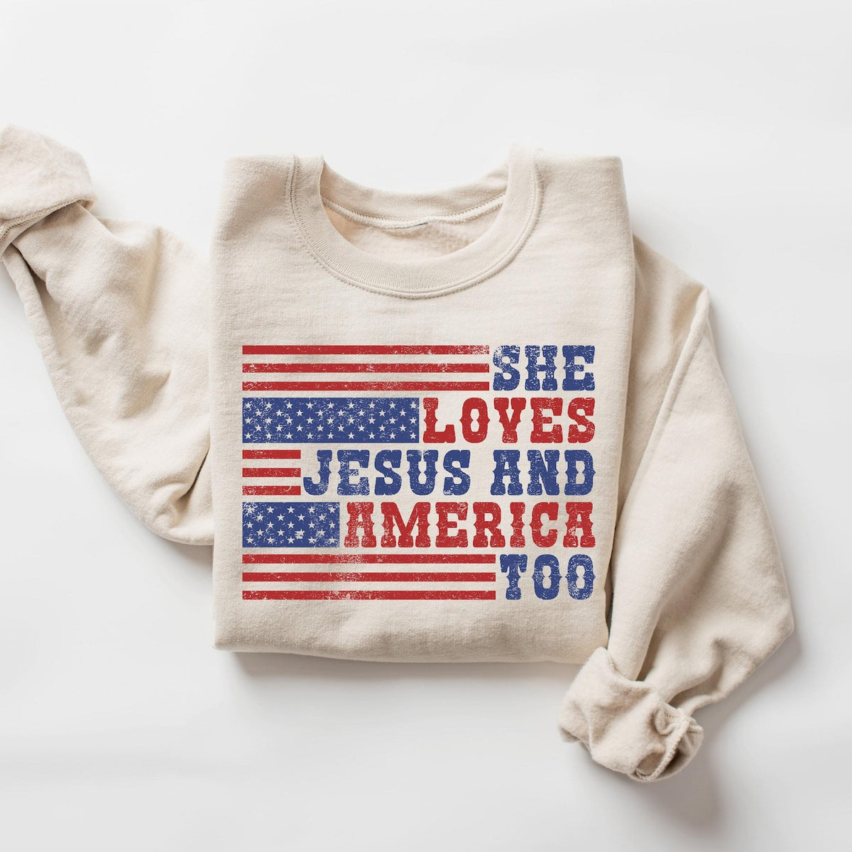 4th of July - Retro USA Sweatshirt, She Loves Jesus And America Too, Womens USA Crewneck Sweatshirt, USA Shirt, America Sweatshirt, 4th of July Sweatshirt