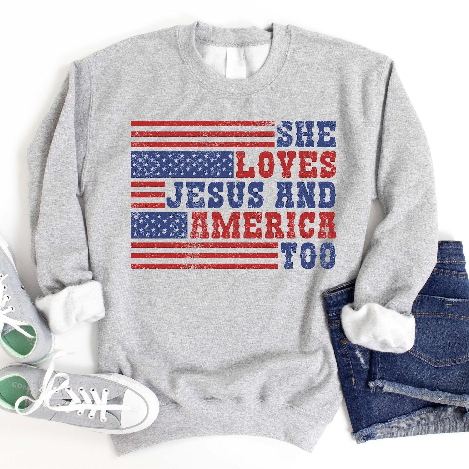 4th of July - Retro USA Sweatshirt, She Loves Jesus And America Too, Womens USA Crewneck Sweatshirt, USA Shirt, America Sweatshirt, 4th of July Sweatshirt