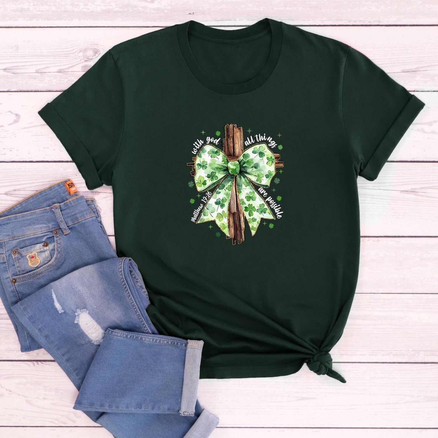 St Patricks Day - St. Patrick's Coquette Bow Shirt, St. Patrick's Day Shirt, God Christian Sweatshirt, Christian Cross Shirt, Lucky Shirt, Christian T-shirt