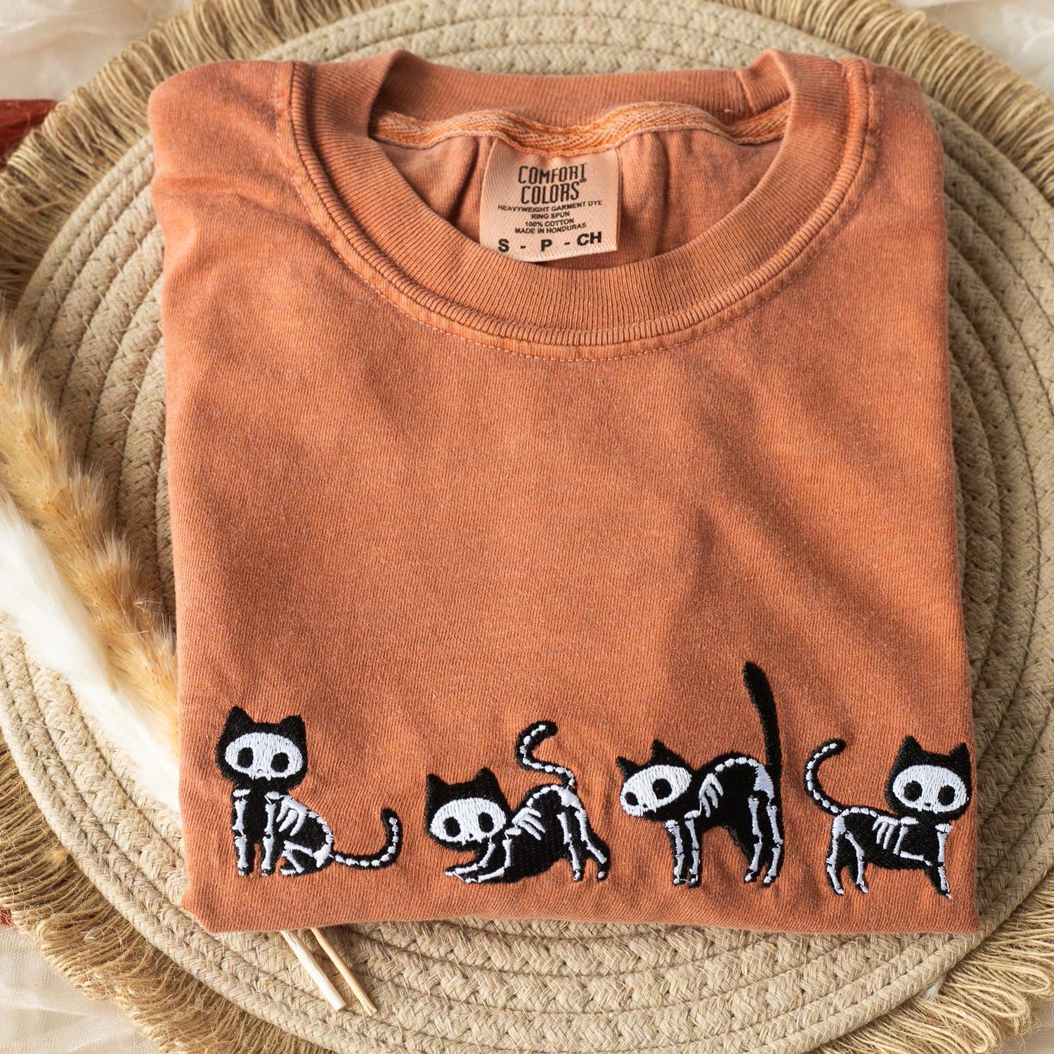 Halloween - Embroidered Skeleton Cats T-shirt, Yam Colored T-shirt, Fall T-shirt, Cute Fall shirts for Women, Cowboy Ghost Fall Halloween Tee, C4