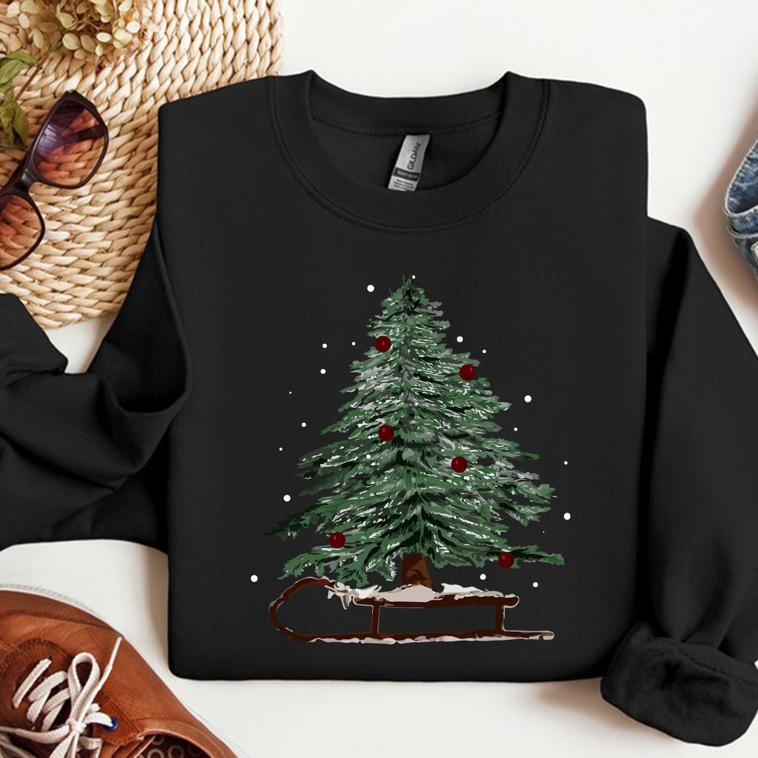 Christmas - Woman's Holiday Sweatshirt, Women's Xmas Tee, Christmas Sleigh Crewneck, Christmas Tree Tee, Xmas Tree, Women's Christmas Tshirt,Winter Tee