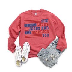 4th of July - Retro USA Sweatshirt, She Loves Jesus And America Too, Womens USA Crewneck Sweatshirt, USA Shirt, America Sweatshirt, 4th of July Sweatshirt